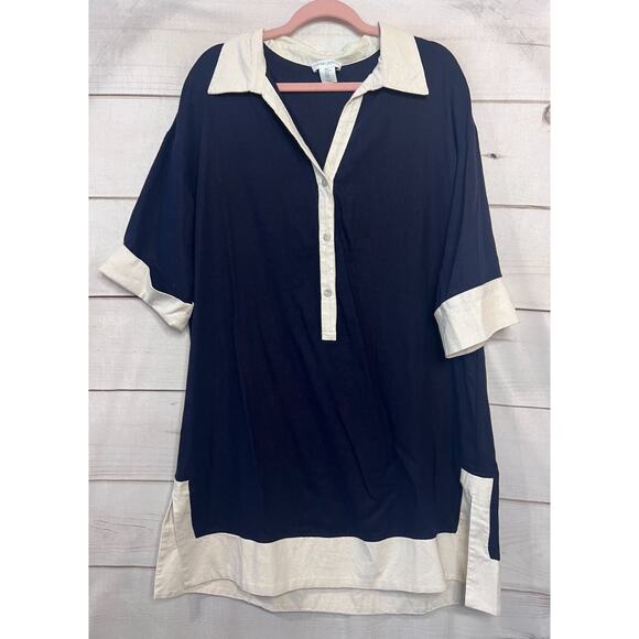 Cynthia Rowley Dress Size XL Navy Blue White Linen Easy Comfy - Picture 1 of 5